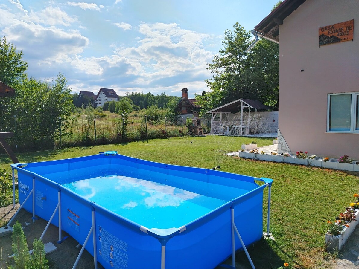 A blue above-ground pool occupies the center of a grassy yard, reflecting the sky above. Lush greenery surrounds the pool area. In the background, a few buildings are visible along with trees and shrubs, contributing to a serene outdoor setting.