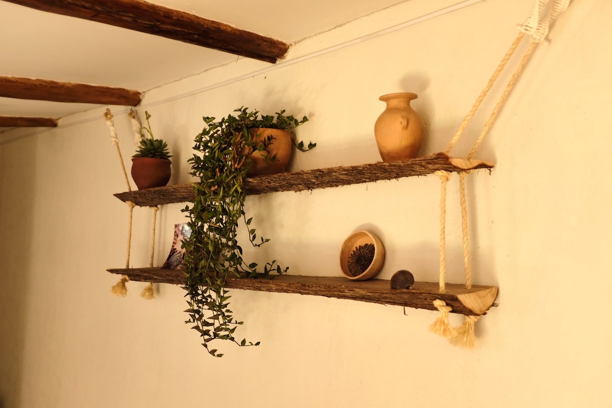 Rustic wooden shelves are suspended on ropes, displaying potted plants and decorative pottery. A trailing green plant adds a natural touch. The walls are painted in a soft color, enhancing the simplicity of the arrangement.