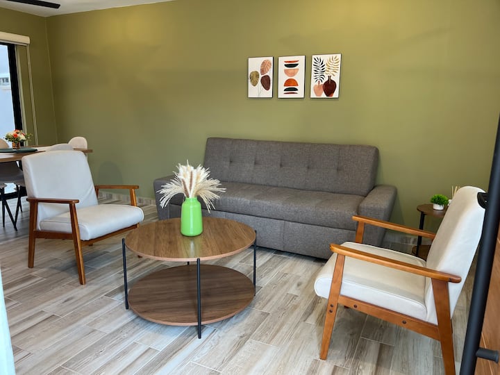 חדר מרווח ונוח המורכב מספה מדי פעם ושתי כורסאות. 