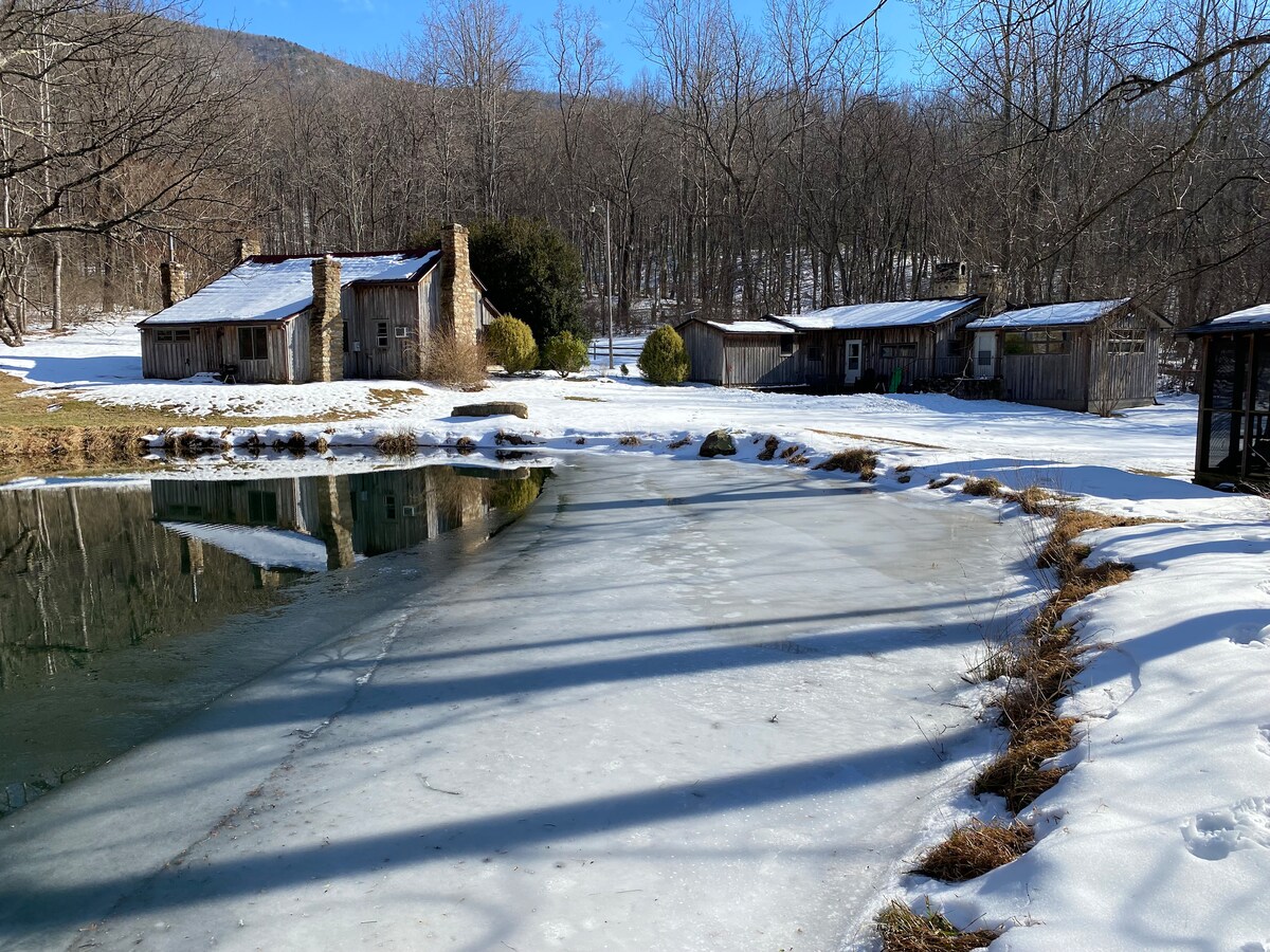 A tranquil winter scene showcases a frozen pond bordered by grassy patches and snow. Two rustic cabins are visible in the background, surrounded by bare trees, with slopes of the mountains beyond. Sunlight casts soft shadows across the icy surface, creating a serene atmosphere.