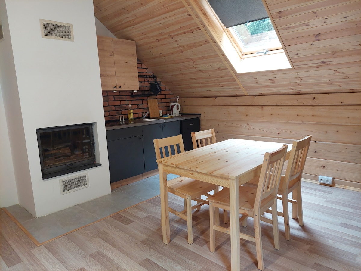 A wood-paneled dining area is highlighted by a simple wooden table surrounded by four chairs. A fully equipped kitchenette is visible, featuring a black backsplash and modern appliances. A fireplace is integrated into the corner, adding functional warmth to the space.