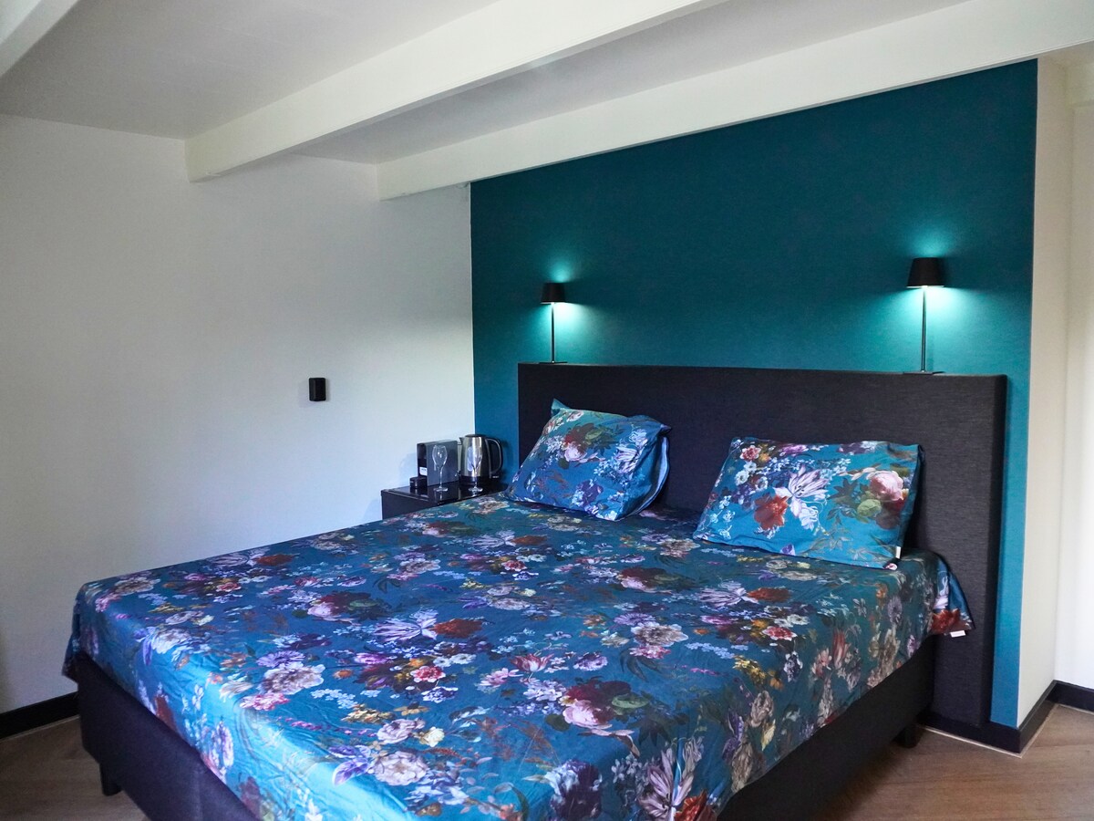 A spacious sleeping area features a dark headboard with matching bedside tables, each equipped with lamps. The bedding, adorned with a vibrant floral pattern, complements the teal accent wall. Soft lighting creates a calming atmosphere in the room.