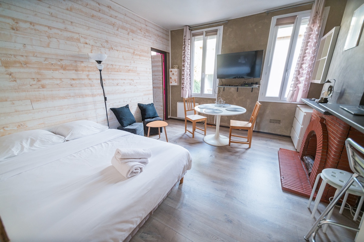 A comfortable studio space features a spacious double bed with neatly arranged linens. A small dining table and chairs are positioned by a wall-mounted television. Bright natural light filters through two windows, while a decorative fireplace adds a cozy touch.