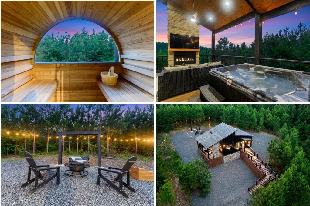 A Scandinavian sauna with wooden walls and a bench overlooking the forest is displayed. Nearby, a hot tub is positioned under an awning with a fireplace and outdoor seating. A cozy fire pit area is surrounded by string lights, and the exterior of the cabin is visible amid the greenery.