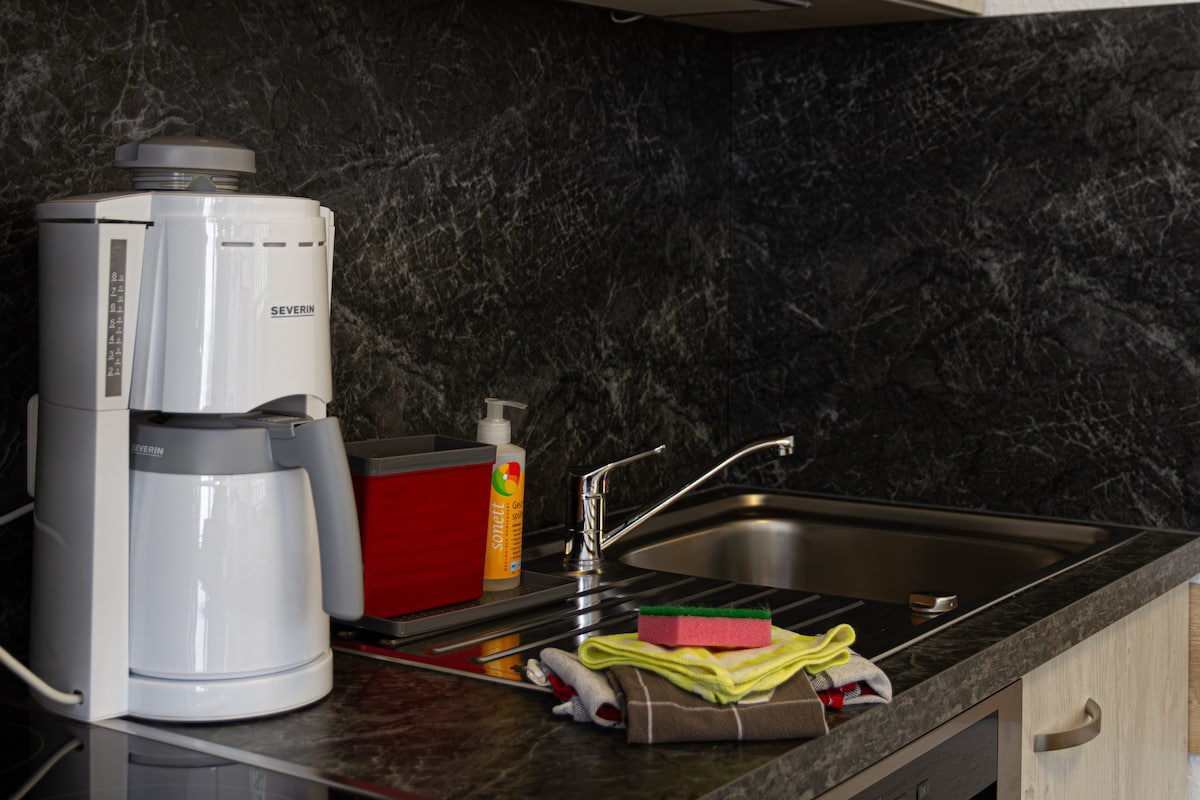 A modern kitchen area is highlighted, featuring a sleek black countertop. A coffee maker sits on the surface beside a dishwashing sink and a red dish container. Cleaning supplies, including cloths and sponges, are neatly arranged, providing practicality for meal preparation.