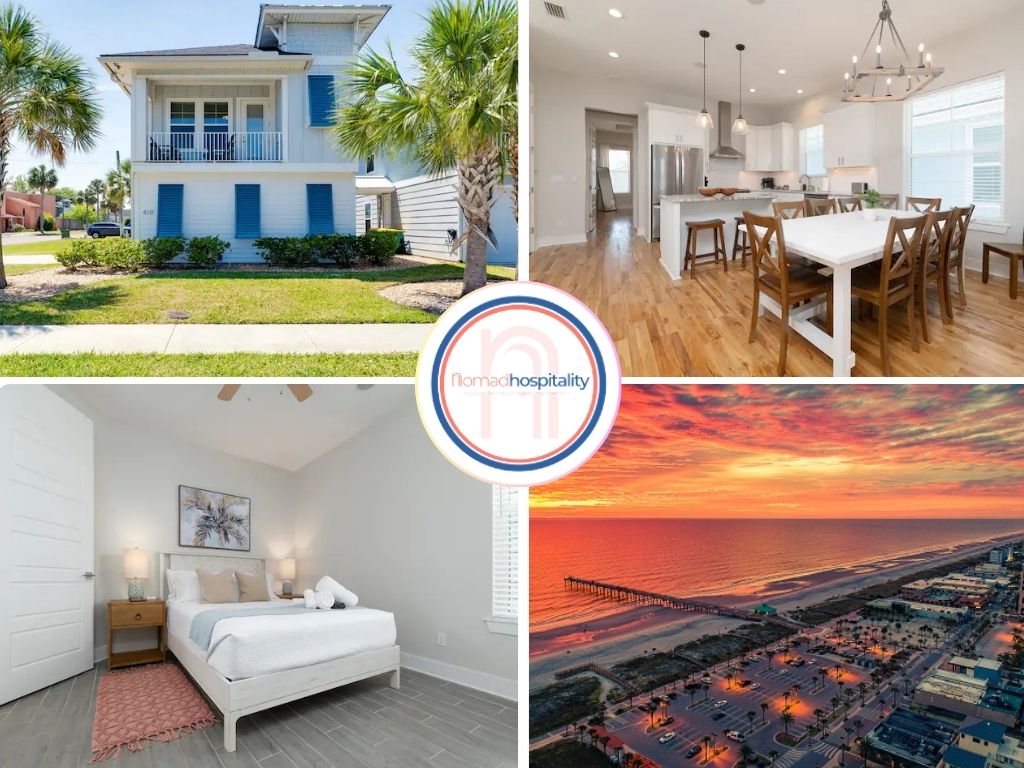 The exterior of a two-story beach retreat is showcased, featuring palm trees and a light blue façade. The dining area is highlighted with a spacious table surrounded by wooden chairs, while a cozy bedroom with a light-colored bed and decorative artwork is presented. An aerial view captures the vibrant sunset over Jacksonville Beach.