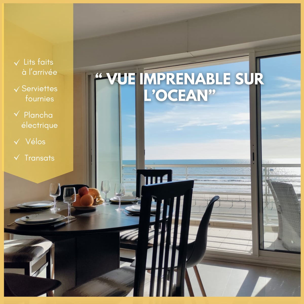 A dining area is presented with a round table set for meals, featuring black chairs. Floor-to-ceiling windows offer an expansive view of the ocean, allowing natural light to fill the space. The serene atmosphere highlights the connection to the coastline.