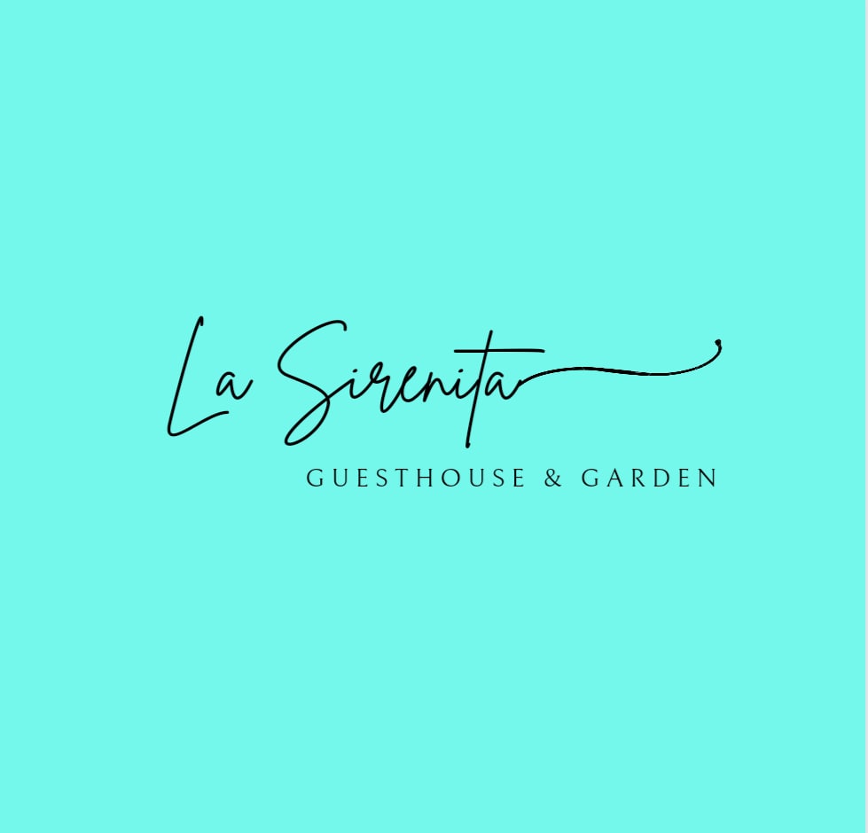 The image features the logo of La Sirenita Guesthouse & Garden, presented against a vibrant turquoise background. The elegant script of the name is prominently displayed, showcasing the welcoming identity of the establishment.
