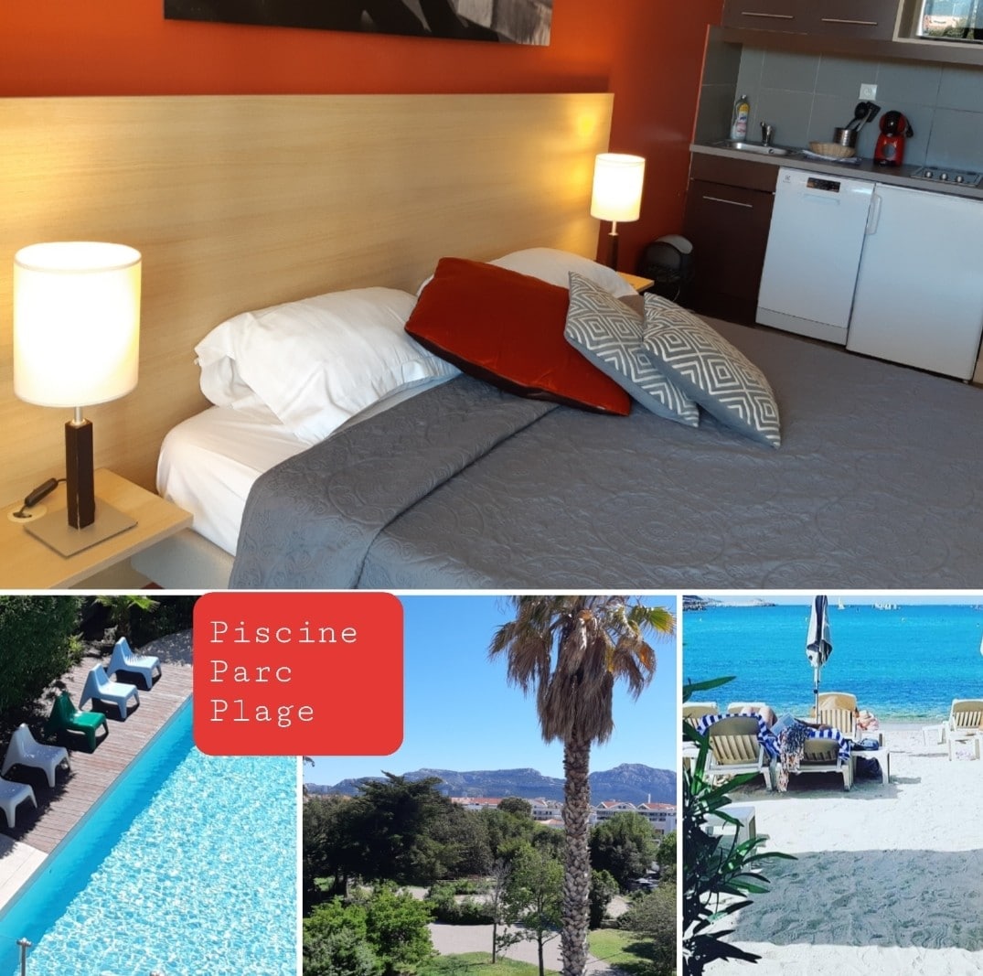 A cozy sleeping area is presented with a spacious bed, soft bedding, and two bedside lamps. A kitchenette is visible in the background with modern appliances. Below, the images showcase a sunny poolside with loungers and views of a vibrant park and nearby beach.