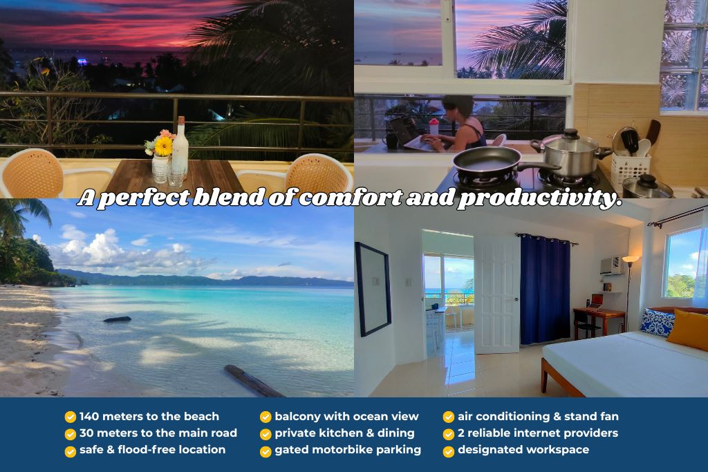 A dining setup is visible on the balcony, showcasing an ocean view. The beach is shown with calm waters and a distant shoreline. An interior view reveals a well-equipped kitchen and a designated workspace. A cozy bedroom features a queen-sized bed and a large window with natural light.