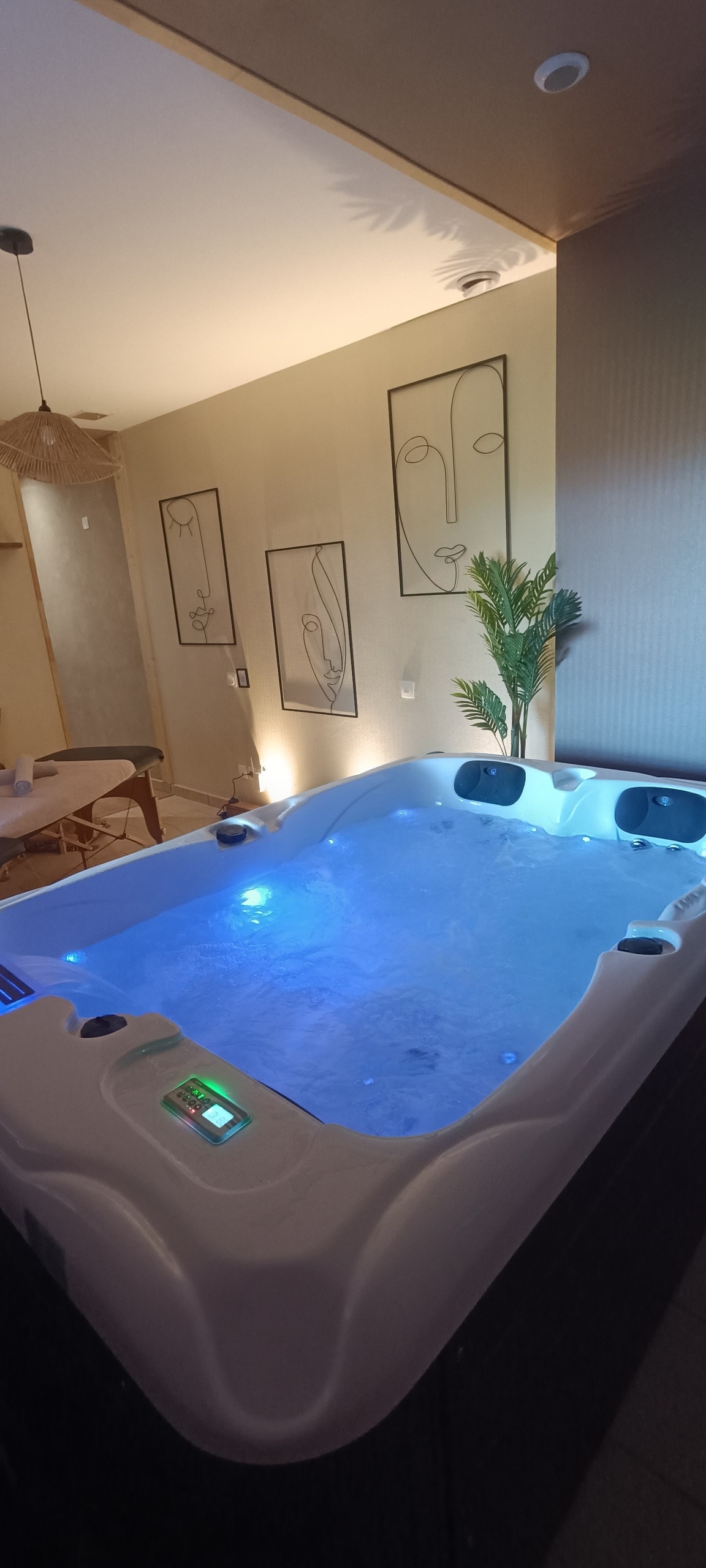 A private jacuzzi is showcased with ambient blue lighting and integrated jets, providing a tranquil setting. Simple wall art adorns the backdrop, alongside a decorative plant that enhances the serene ambiance. The space is designed for relaxation and enjoyment.