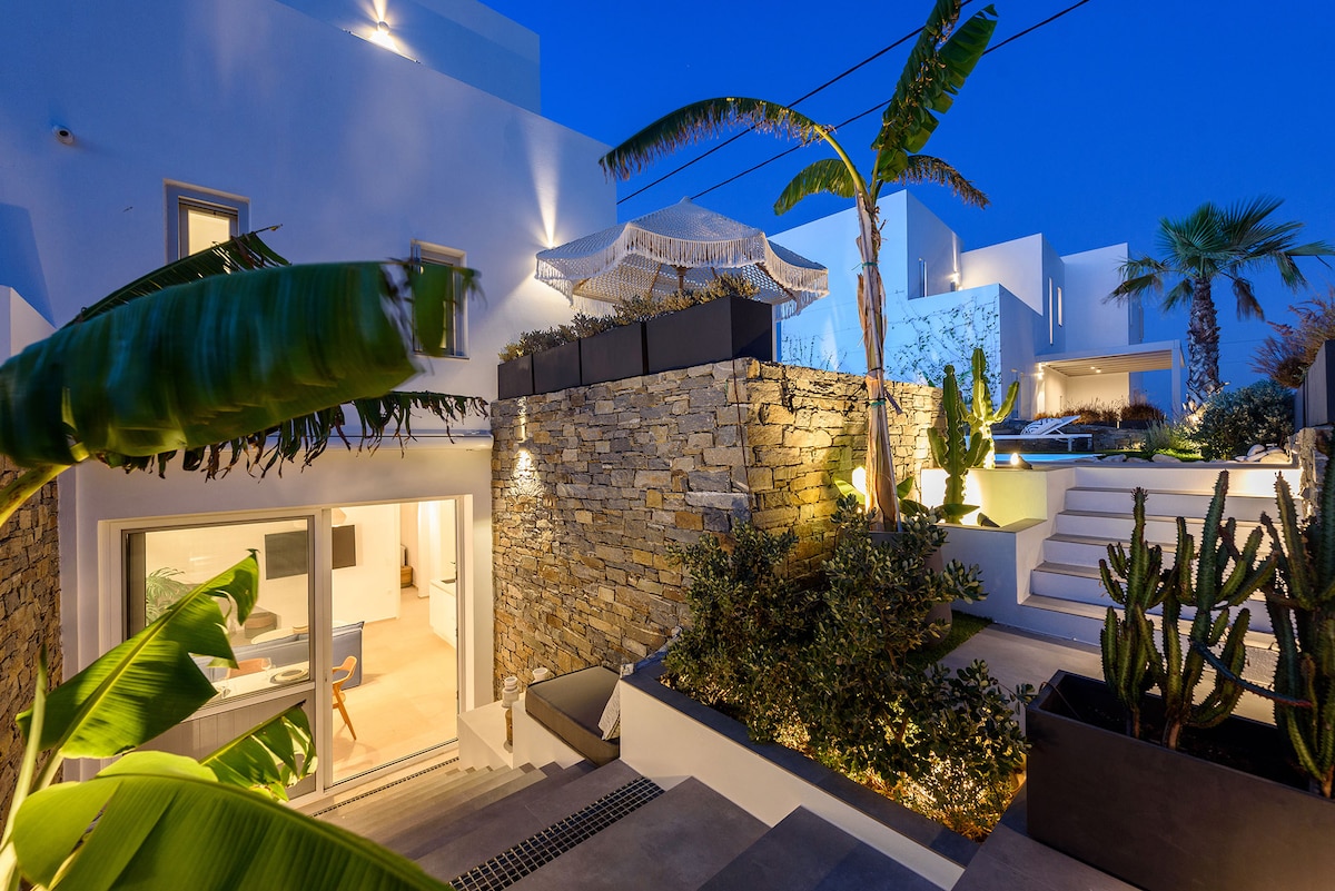 An inviting outdoor area features lush greenery, including large banana leaves and a variety of cacti. A stone pathway leads towards a well-lit entrance, with modern architectural elements and soft landscape lighting enhancing the serene ambiance during twilight.