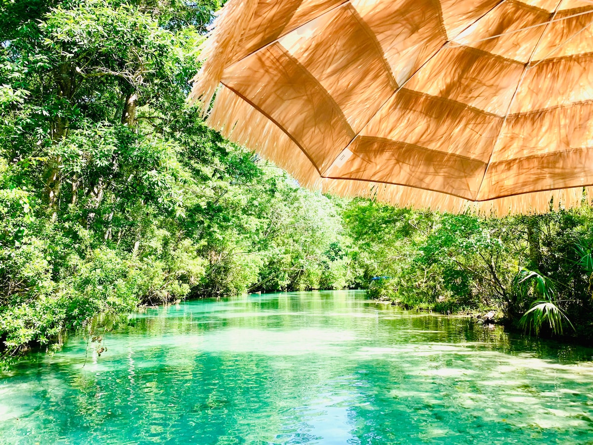 A serene waterway is framed by lush greenery, with a vibrant turquoise hue visible in the water. A shaded tiki-style umbrella made of straw provides a cool respite, gently billowing in the soft breeze overhead.