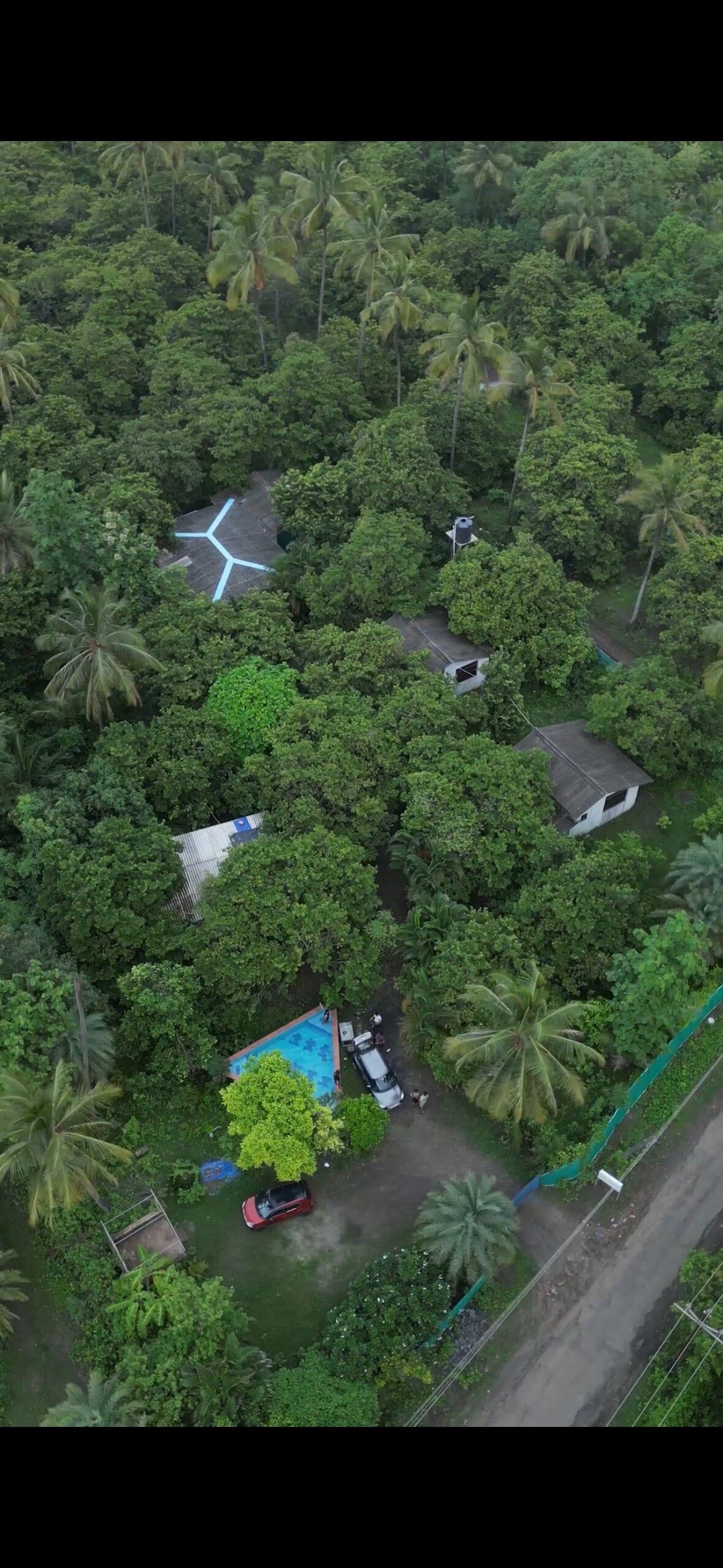 An aerial view reveals three cottages nestled among vibrant greenery. The tranquil setting is complemented by a clear swimming pool visible in the foreground, surrounded by lush trees. A winding path leads to the cottages, showcasing the peaceful and private nature of the property.