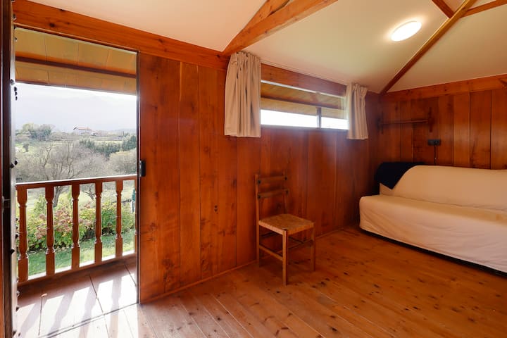 Ოთახი გასაშლელი დივნით ორი ადამიანისთვის და პანერას დერეფანზე გასასვლელით. 