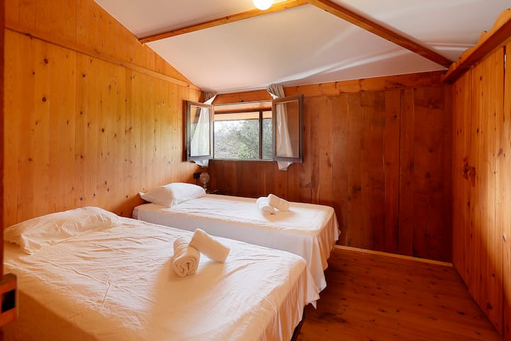 Ოთახი ორი მარტივი საწოლით სახლის თავზე, მთლიანად ხისგან. 