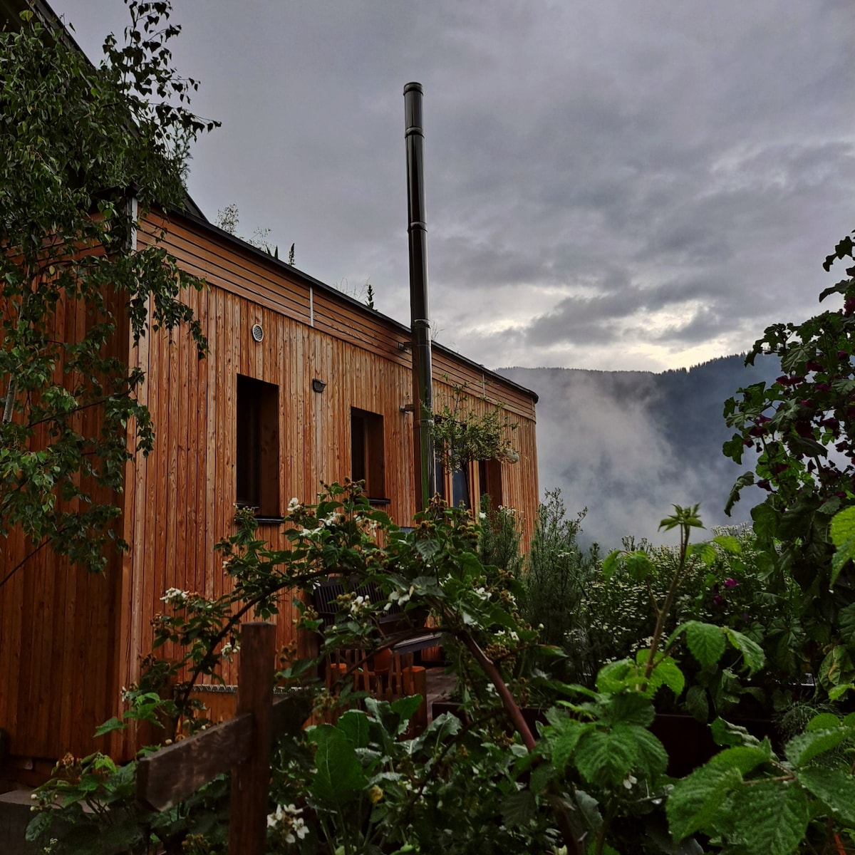 The exterior of the tiny house, constructed with local larch wood, is complemented by lush greenery in the foreground. A wood stove pipe extends upward, with a backdrop of misty mountains under a cloudy sky. Multiple windows allow natural light to enter the interior.