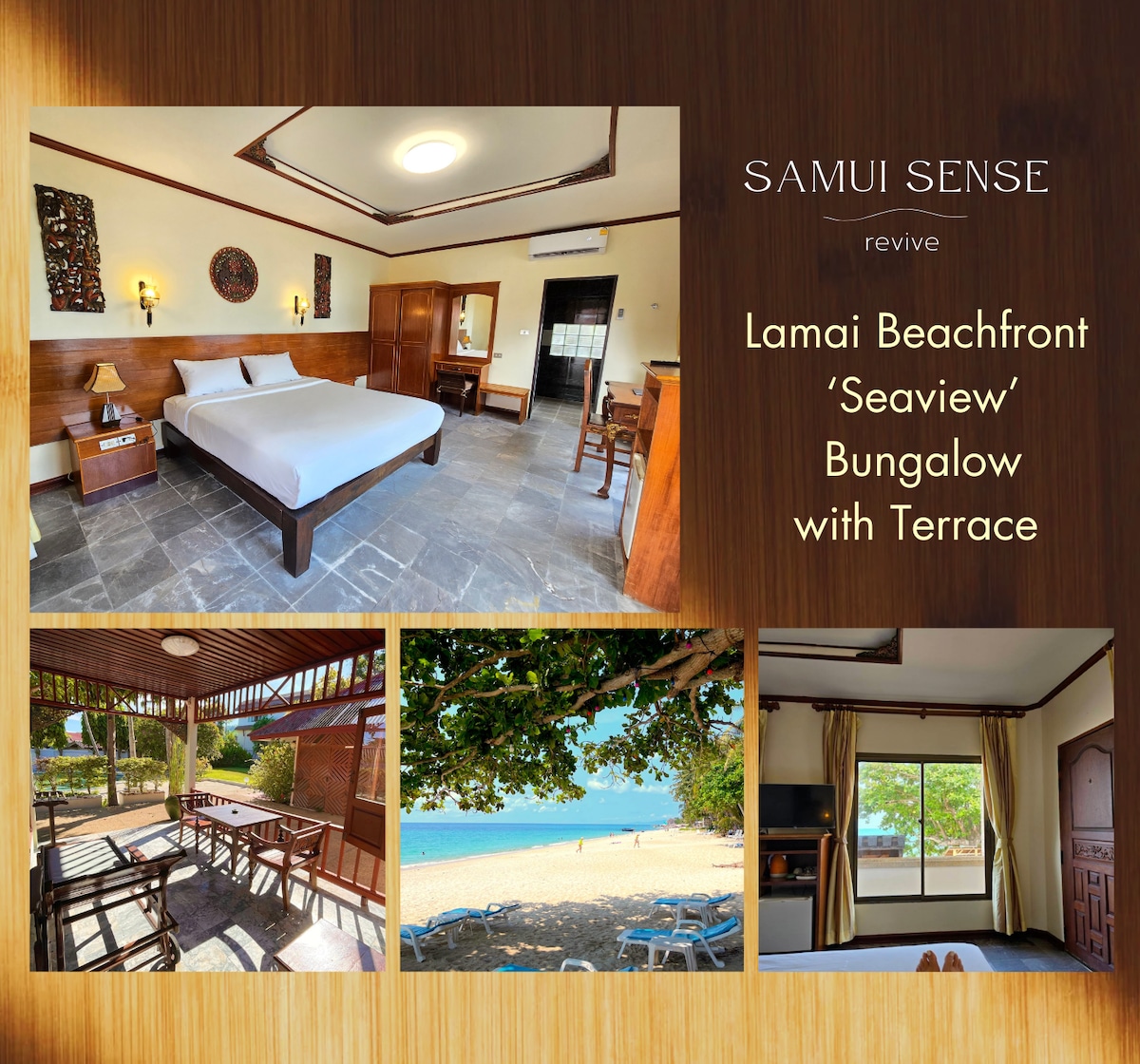 A spacious bungalow room features a queen bed and stone-tiled flooring. Natural light filters through large windows, illuminating the wooden furnishings. A terrace offers an inviting table and chairs, with beachside views visible just beyond.