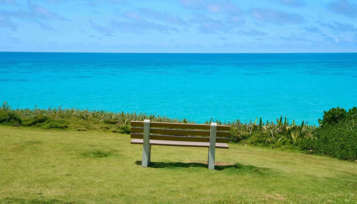 A simple bench is positioned on a grassy area overlooking a vibrant turquoise ocean. The calm waters stretch to the horizon under a clear blue sky, with hints of clouds, creating a tranquil atmosphere for enjoying the natural beauty.
