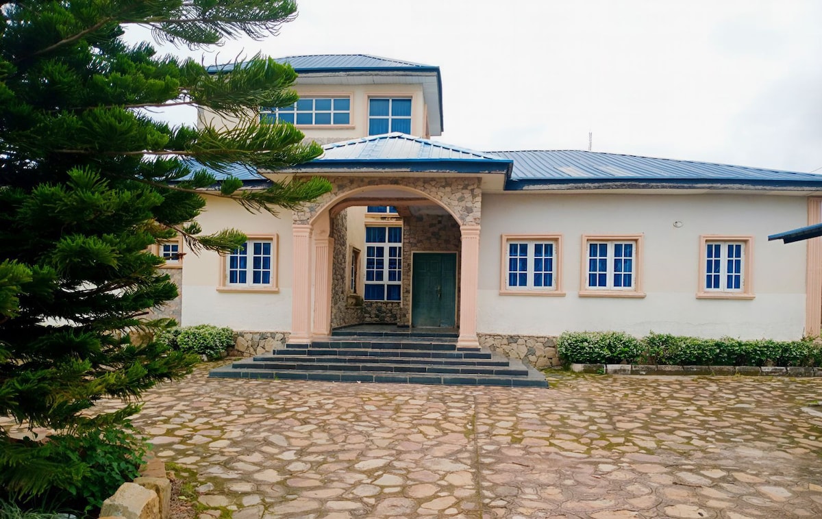 A two-story house with a stone and stucco facade is framed by lush greenery. The entrance features a covered porch with steps leading to a central door. The windows are highlighted by blue frames, complementing the overall design.