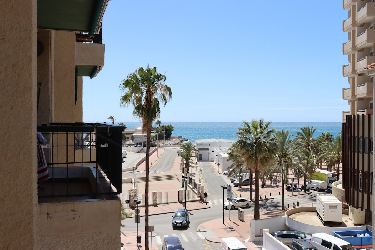 A view of the coastline from a balcony showcases the shimmering sea against a clear blue sky. Palm trees and a promenade line the shore, while distant buildings punctuate the landscape. Vehicles are parked along the street, adding to the urban ambiance.