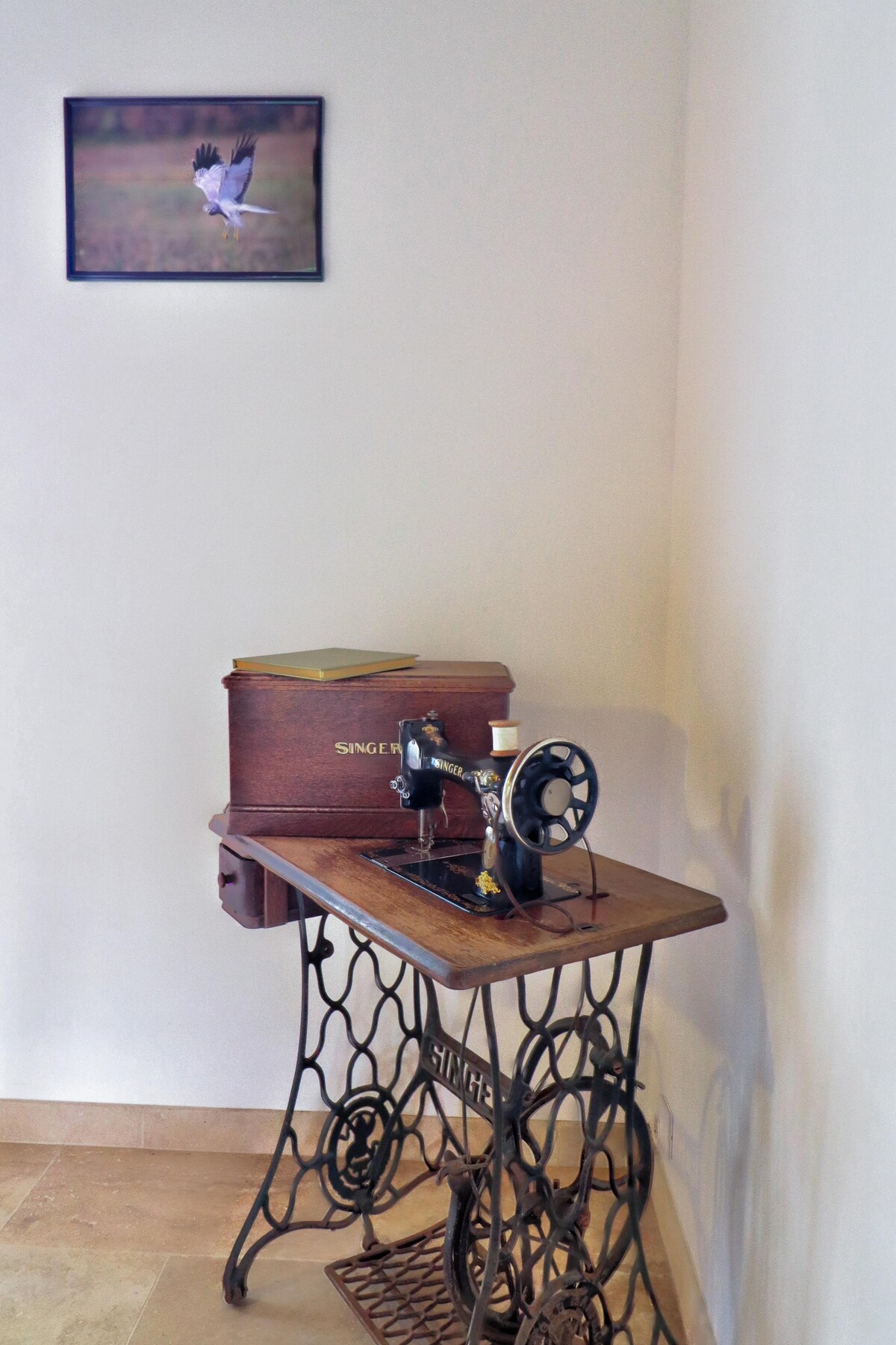 An antique sewing machine crafted by Singer is positioned against a light-colored wall. Above it, a framed photograph of a bird in flight is displayed. The machine features a traditional foot pedal and a wooden box for storing sewing materials.