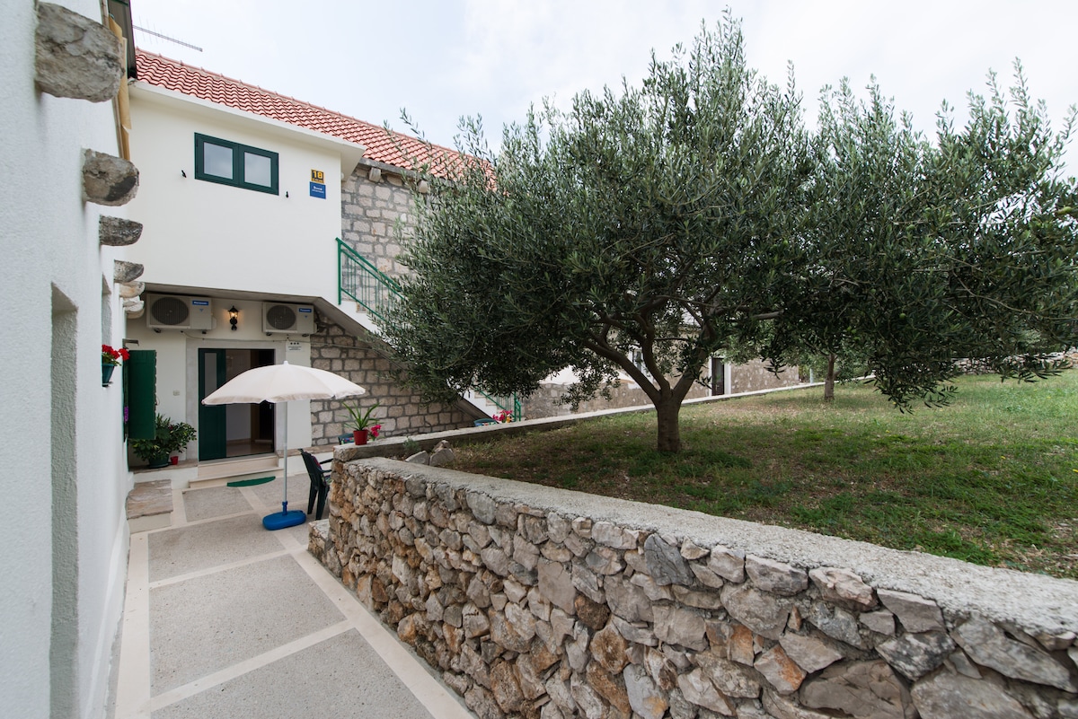 A stone path leads to a two-story building with a green door and windows. An olive tree stands in the yard, providing greenery. An umbrella is positioned beside a seating area, enhancing the outdoor space for relaxation.