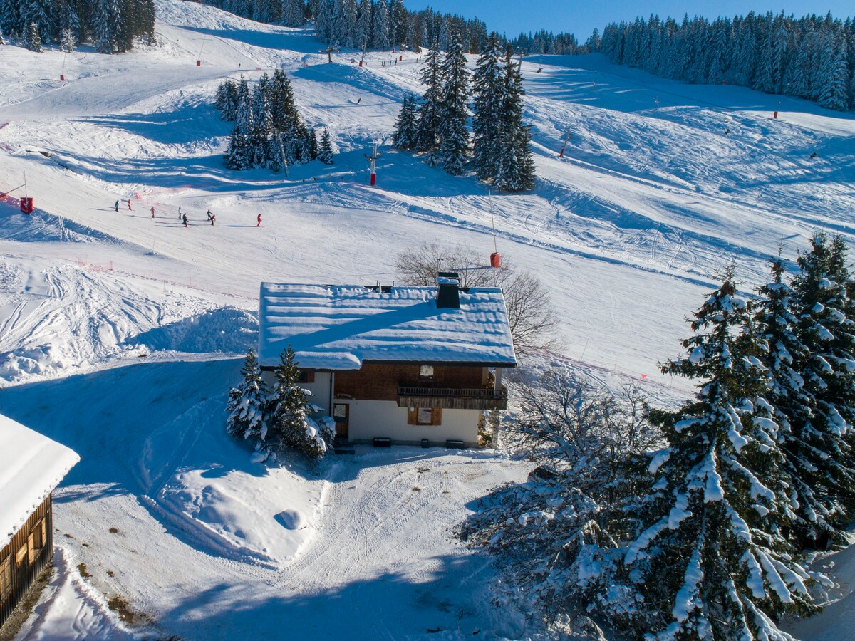 A chalet is nestled among a snowy landscape, outlined by evergreen trees and ski slopes. The exterior showcases a combination of wood and white walls. Skiers can be seen enjoying the slopes in the background, highlighting the winter sports environment.