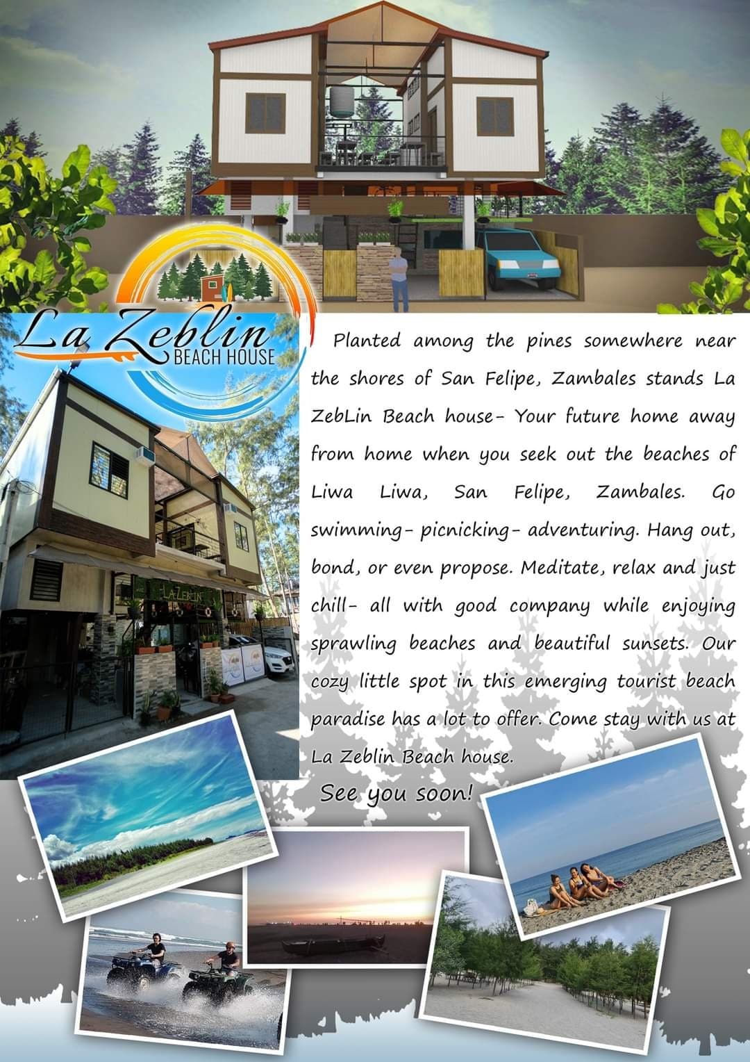A beachfront house is nestled among pine trees, surrounded by natural beauty. The two-story structure highlights large windows, providing ample light and views. An inviting outdoor area offers seating options, while a path leads to the beach. The location invites relaxation and enjoyment of the surroundings.
