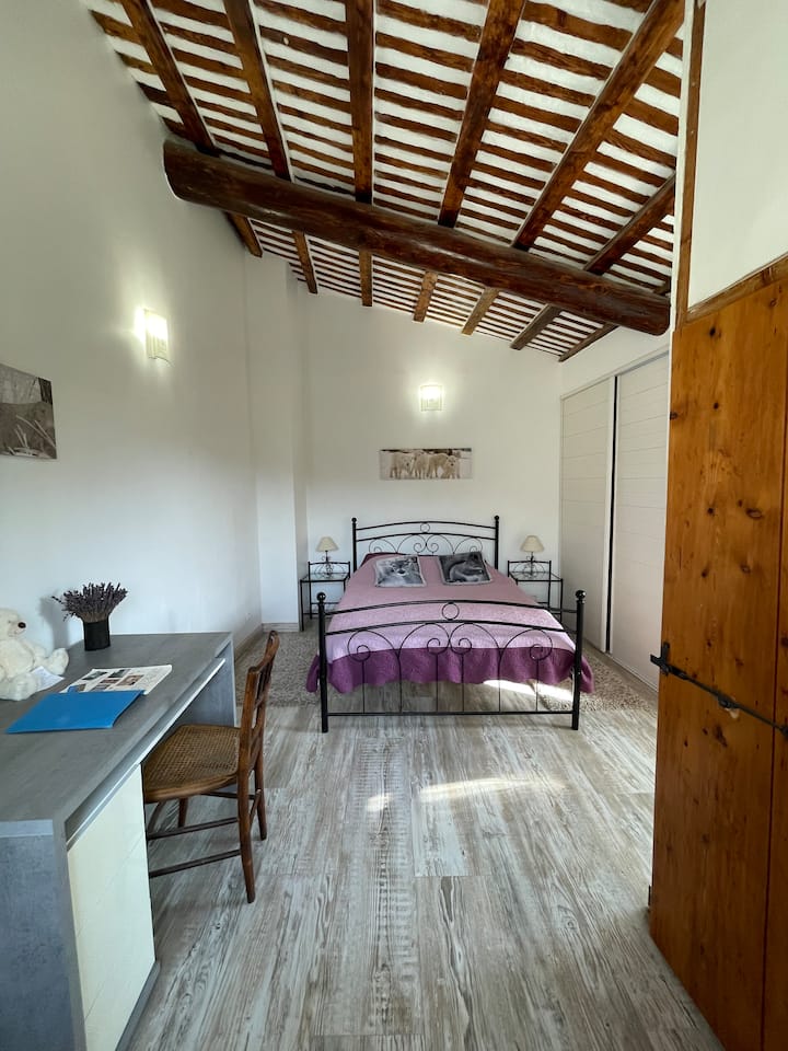 Habitación amplia y luminosa con dos ventanas con vistas a la naturaleza de los alrededores , punto de partida de las rutas de senderismo del Mont Ventoux