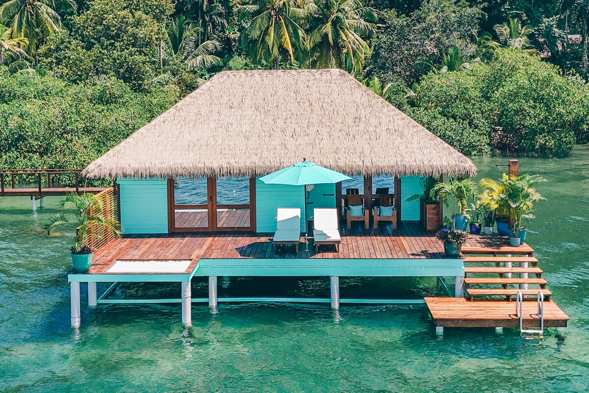 The bungalow features a thatched roof and is surrounded by greenery, standing over the turquoise water. A spacious deck includes lounge chairs and a dining area shaded by an umbrella, with steps leading directly into the water.