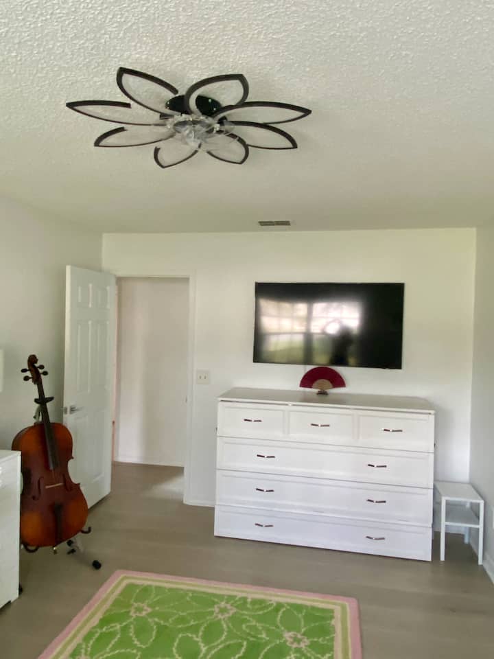 تلفزيون ذكي 65 بوصة فوق خزانة تحتوي على سرير ميرفي مريح للغاية بحجم كوين!