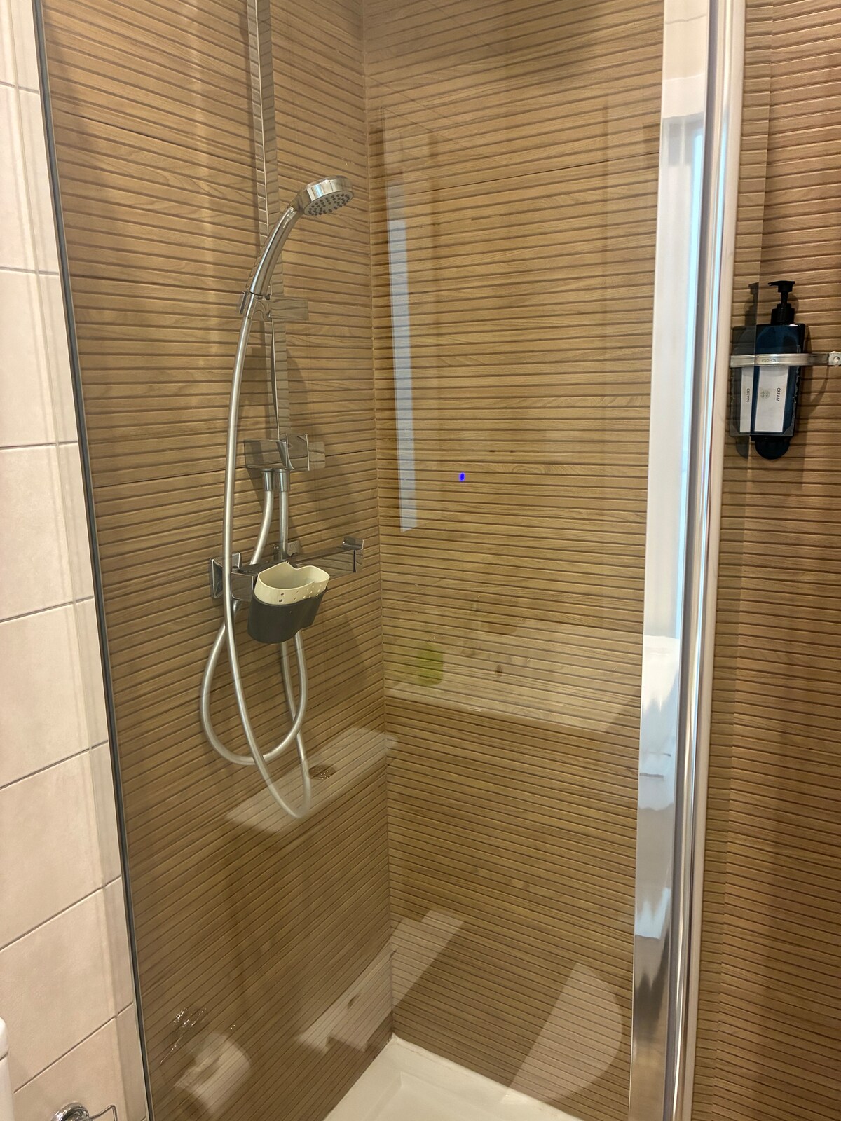 A modern shower area is enclosed with glass, featuring wood-like paneling for a natural touch. A handheld showerhead is mounted on the wall, with a built-in shelf for toiletries. The clean, minimalist design emphasizes a fresh and functional space.