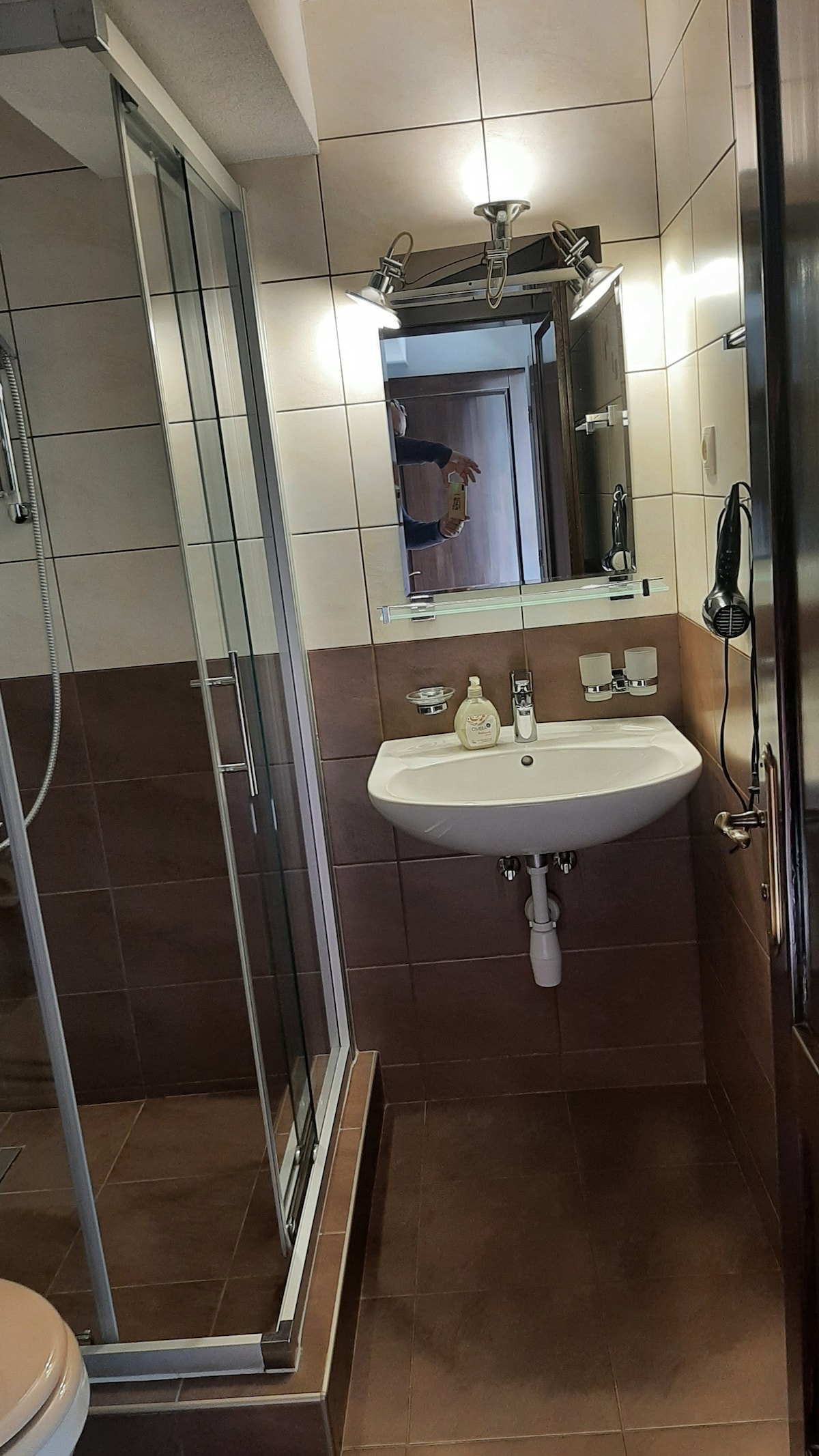 A modern bathroom is presented, featuring a walk-in shower enclosed by glass panels. A wall-mounted mirror reflects soft lighting. A sink with contemporary fixtures is positioned beneath the mirror, while toiletries are neatly arranged nearby.