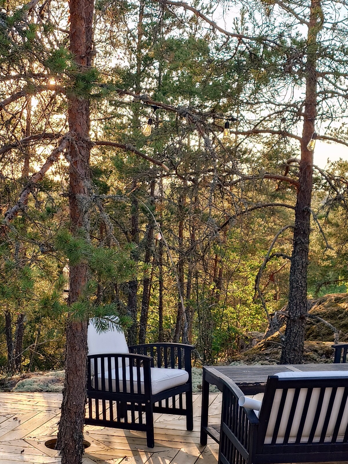 A wooden deck area is visible, surrounded by tall trees and nature. Two black outdoor chairs with white cushions are positioned on the deck, inviting relaxation. Sunlight filters through the branches, creating a serene ambiance among the greenery.