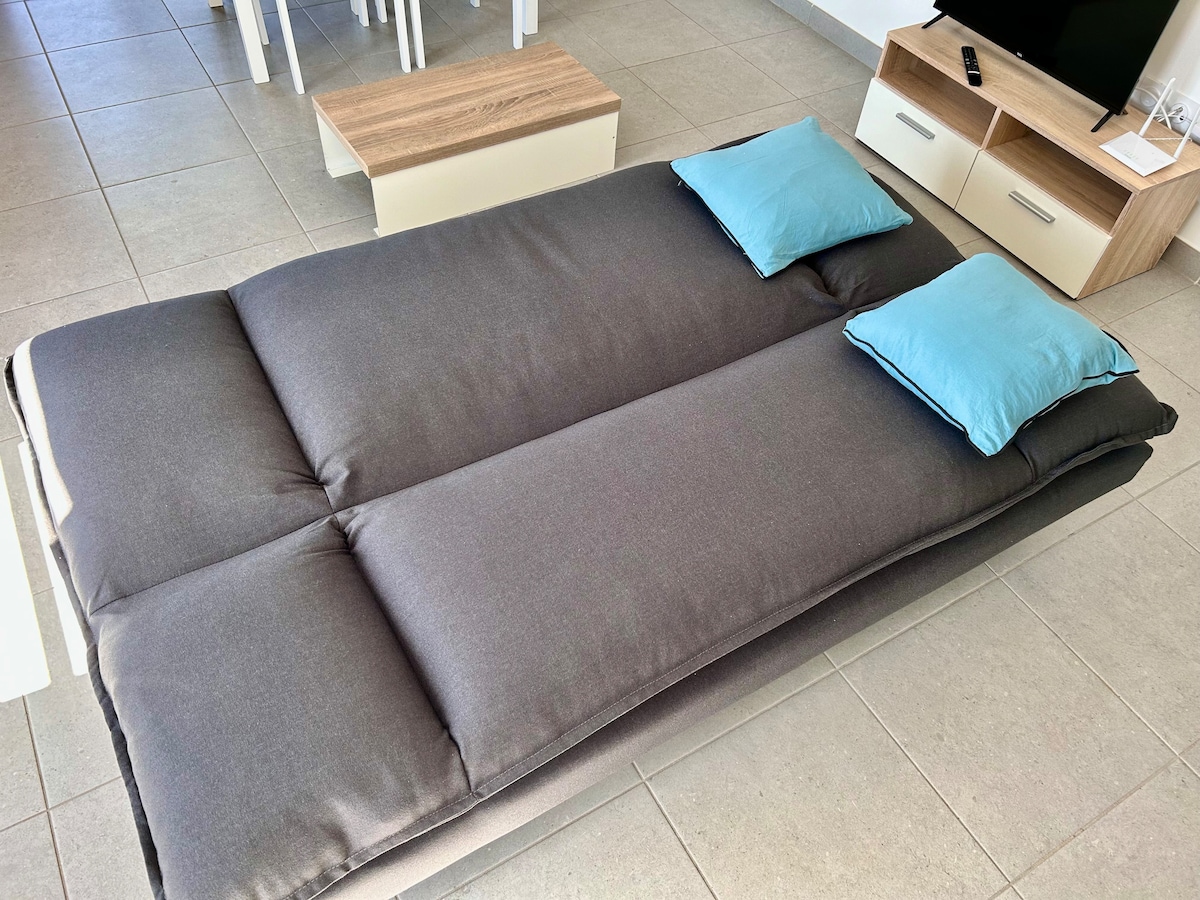 A convertible clic-clac sofa bed is positioned in the living area, showcasing a neutral grey color with two decorative blue cushions placed at the head. A light-colored coffee table is visible nearby, complementing the modern design of the space.