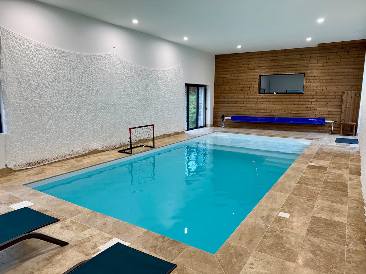 An indoor heated swimming pool is surrounded by light-colored stone tiles. Lounge chairs are positioned along one side, and a small soccer goal is placed at the shallow end. Natural light filters through large windows, enhancing the inviting atmosphere.