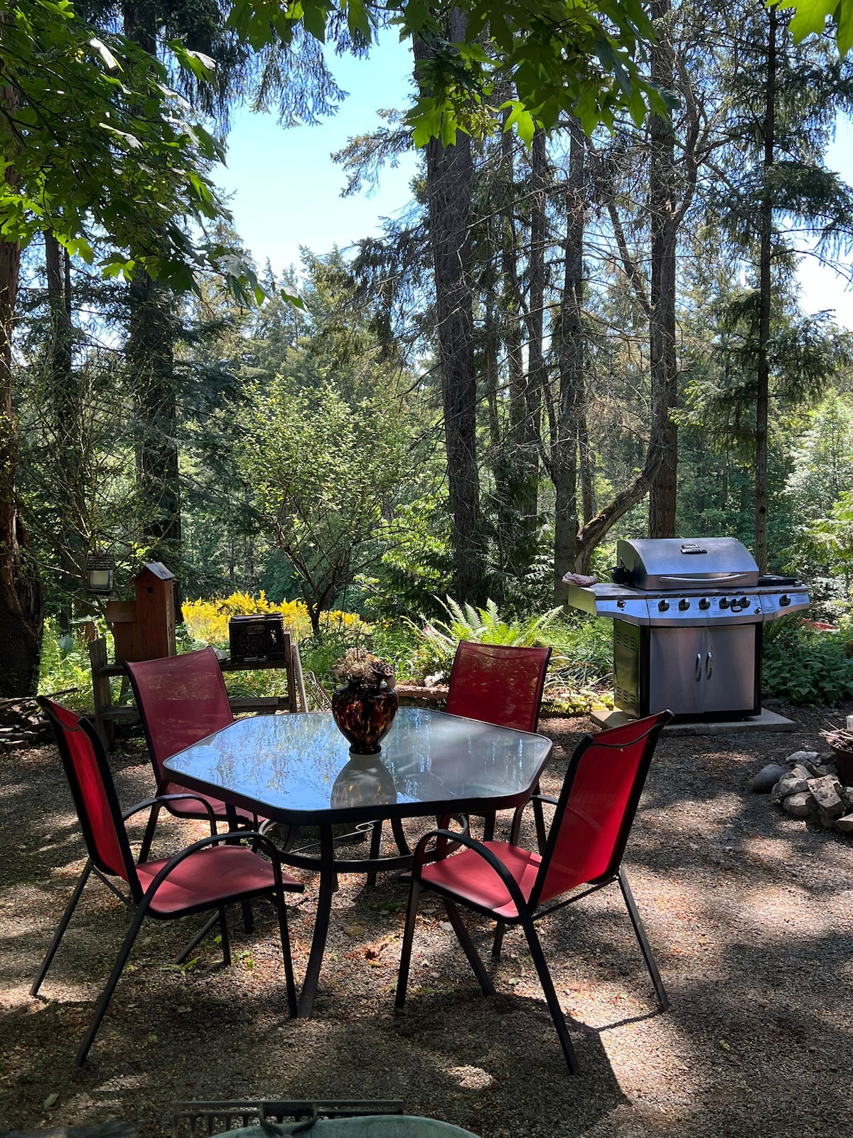 An outdoor dining area is set among lush greenery, featuring a glass table surrounded by four red chairs. A propane grill stands nearby, and a variety of plants and trees enhance the natural ambiance.