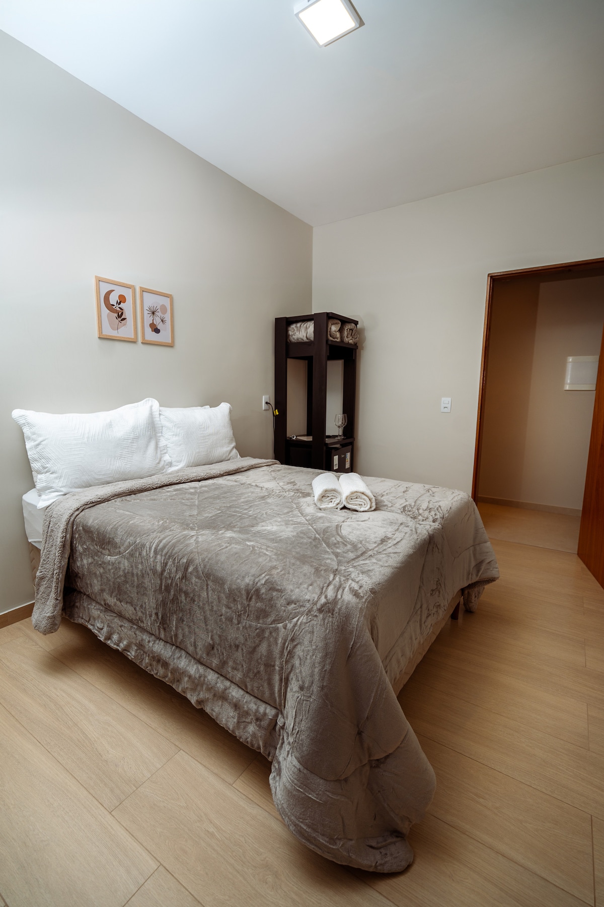 A comfortable sleeping area is presented with a spacious bed covered in a gray plush blanket. Two framed art pieces are displayed on the wall, and a shelf with neatly arranged items is positioned beside the bed. A door leads to another room.