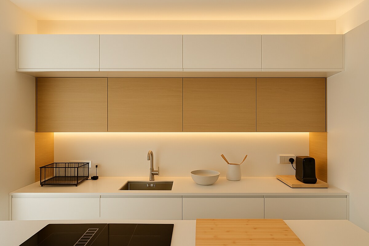 The modern kitchen features sleek cabinetry in light wood and white, with under-cabinet lighting providing a soft glow. A stainless steel sink is centered beneath the cabinetry, accompanied by a minimalist countertop equipped with essential appliances and utensils for cooking.