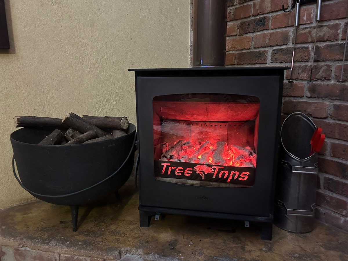 A black freestanding fireplace is positioned against a brick wall, with glowing embers visible inside. A large black bowl containing firewood sits nearby, alongside a metal bucket featuring a red handle. The warm tones of the fire add a cozy element to the interior.