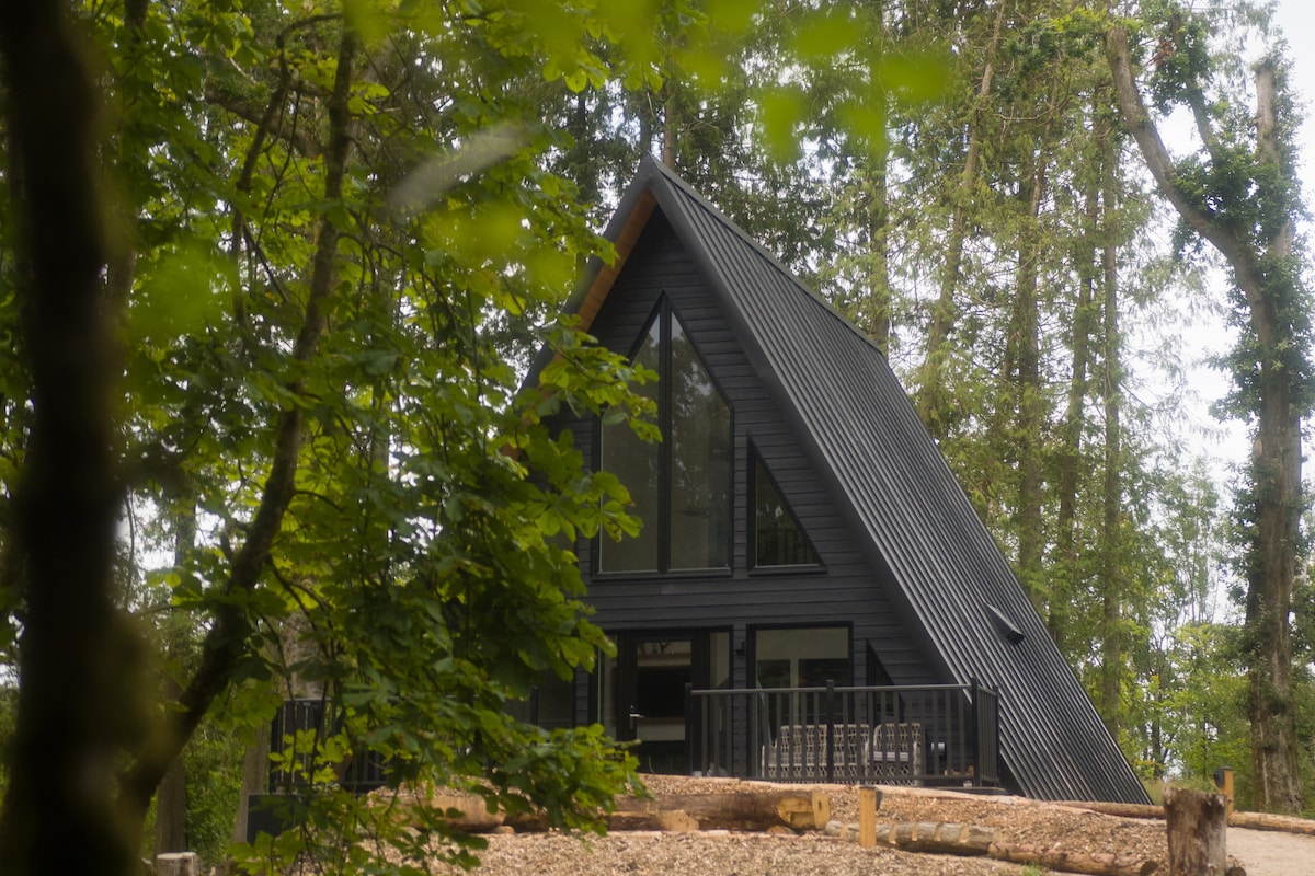 A modern A-frame lodge is nestled among tall trees, featuring large triangular windows that invite natural light. A spacious deck is visible at the front, surrounded by a forested landscape, with logs placed decoratively in the foreground.