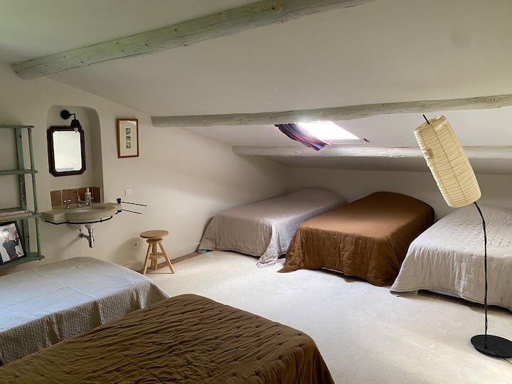 Internátna izba „Les enfants Terribles “ 
Strešná terasa/ Velux
S vodným bodom: drez 

Pod strechou 
S umývadlom