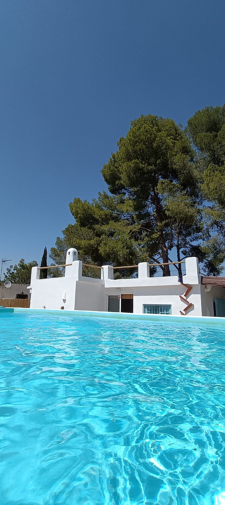 A sparkling private pool is centered in the image, reflecting clear blue water under a bright sky. Surrounding greenery and tall trees provide shade, with a charming white structure partially visible in the background, featuring a staircase that leads to a higher level.
