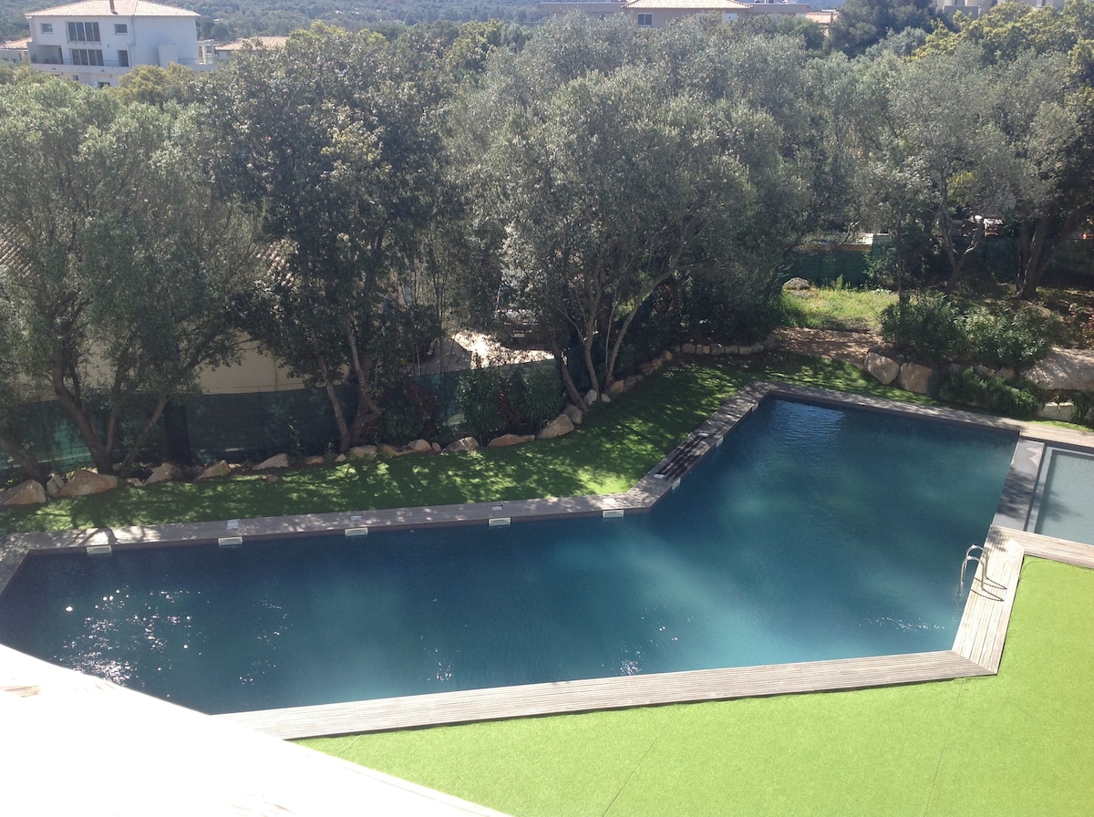 A tranquil pool is set within a landscaped area, featuring lush greenery and mature trees surrounding the space. The water is calm, with a gentle ripple, reflecting the sky above. A wooden deck borders the pool, providing a serene outdoor space.