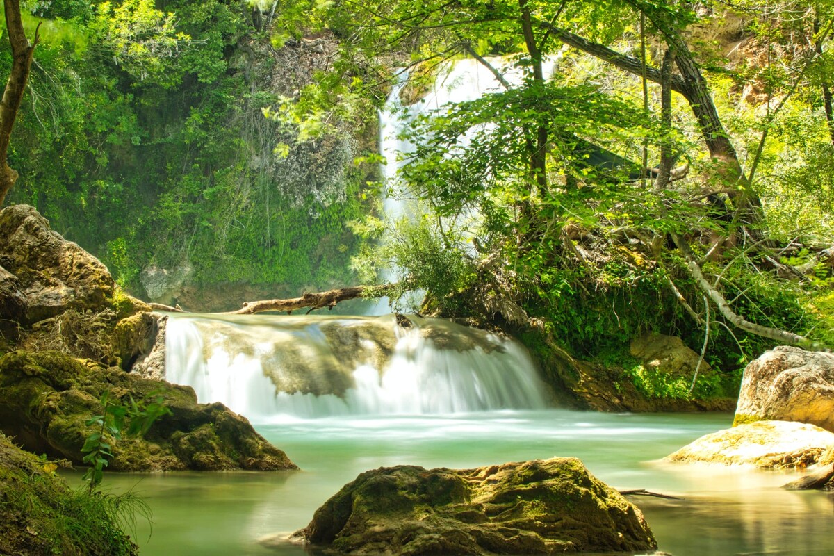 A serene landscape is displayed, featuring a gently flowing waterfall surrounded by lush greenery. Smooth stones are positioned along the water's edge, while sunlight filters through the leaves, creating a calming ambiance. The scene captures the tranquility of nature in a secluded environment.