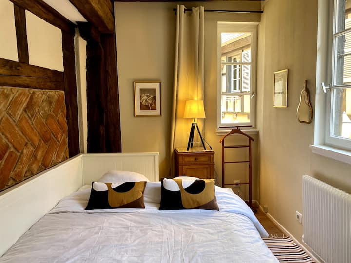 חדר נעים עם מיטת אדם אחד או שניים, מלתחה גדולה ונוף לחצר 