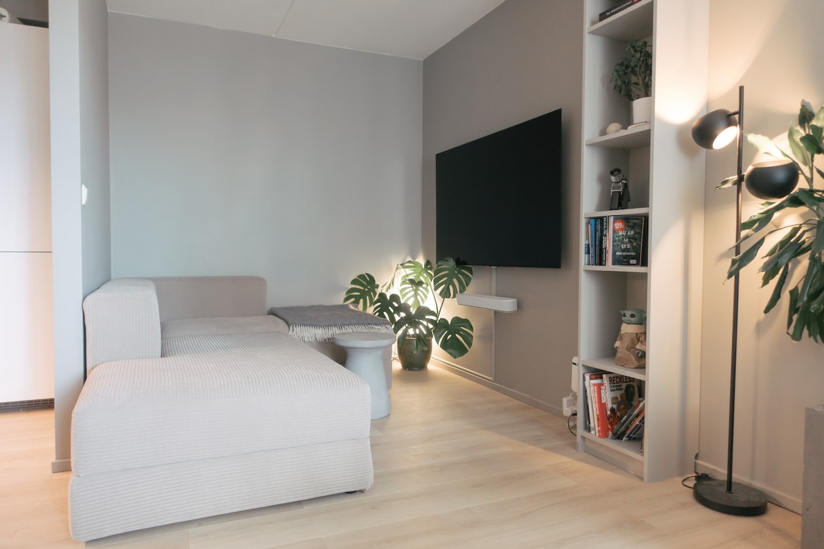 A cozy living area features a light gray sectional couch paired with a minimalist coffee table. A large flat-screen TV is mounted on the wall, opposite a tall bookshelf filled with various books. A decorative floor lamp and a potted plant add a touch of warmth.