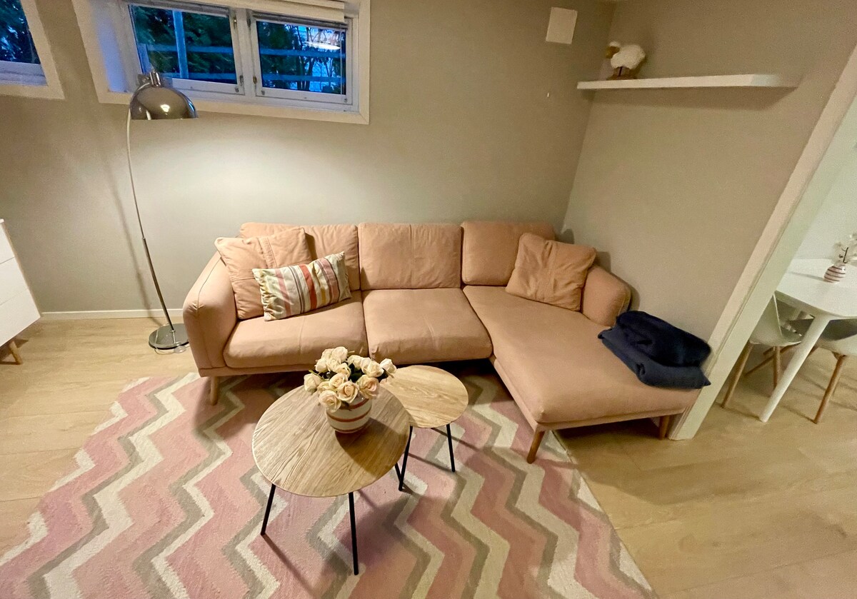 A spacious seating area is presented with a light pink sectional sofa adorned with decorative pillows. Two small, round wooden tables with slender legs are positioned in front of the couch, and a patterned rug spans the floor, contributing to a comfortable environment.