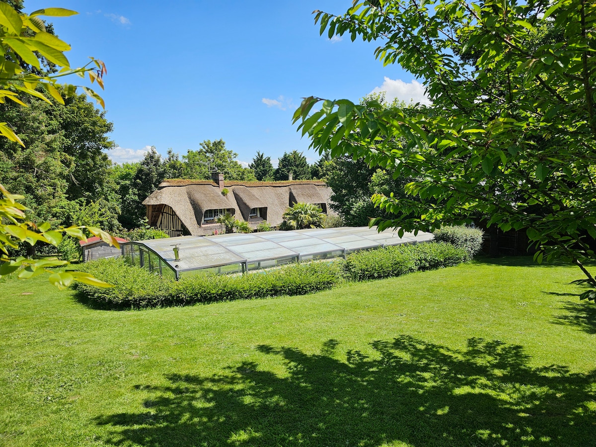 A thatched roof house is set amidst lush greenery, with a covered swimming pool visible in the foreground. The expansive lawn is bordered by hedges and trees, providing a tranquil outdoor environment under a clear blue sky.